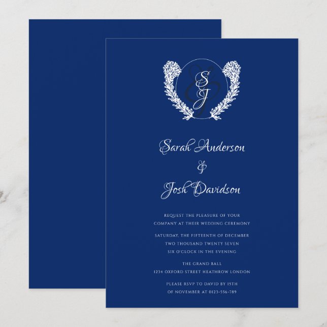 Royal Blue Vintage Monogram Classic Inbjudningar (Fram/baksida)