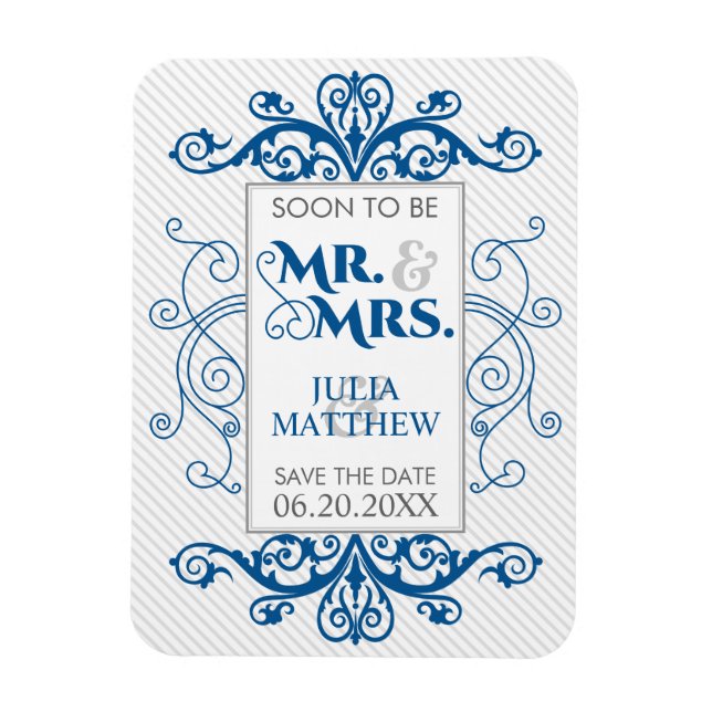 Royal Blue Vintage Swirls Spara datum Bröllop Magnet (Vertikal)