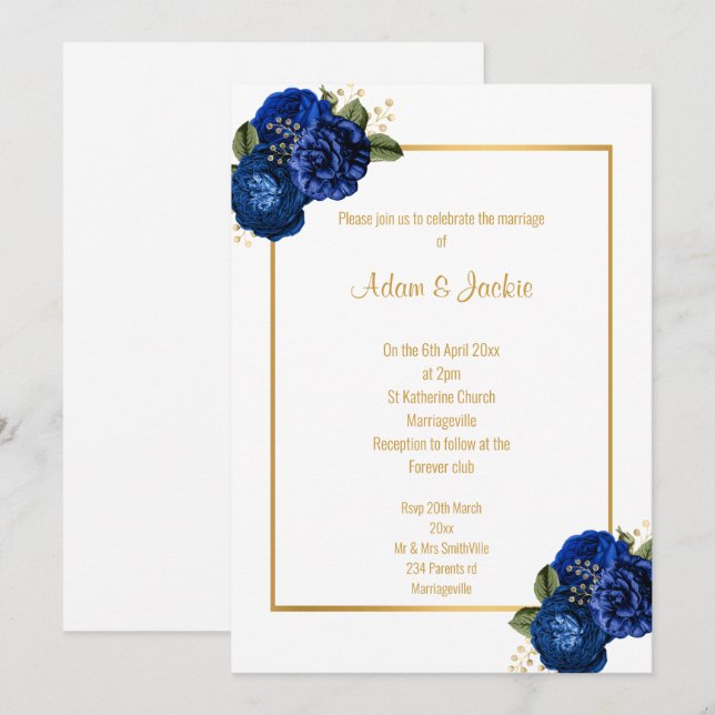 ROYAL BLUE Vit BLOMMIGT BOUQUET WEDING INVICATION Inbjudningar (Fram/baksida)