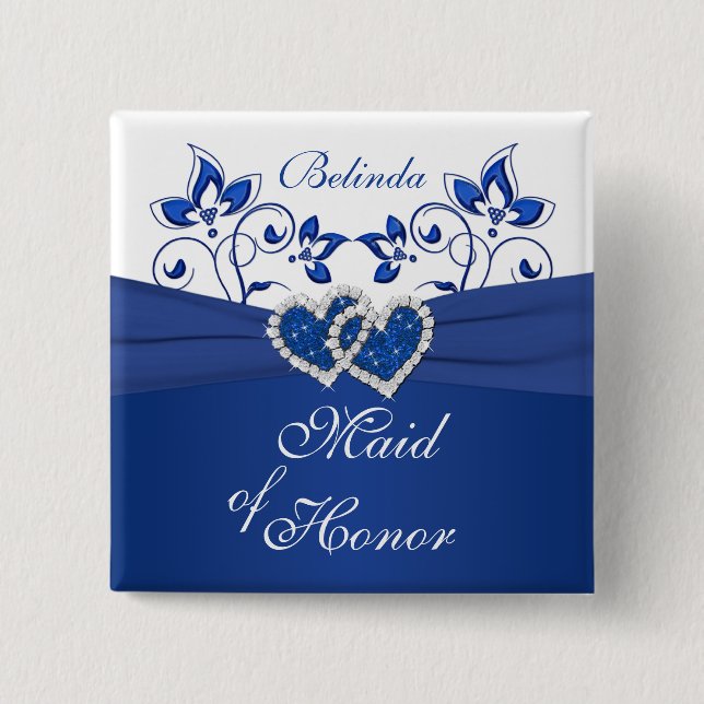 Royal Blue, Vit Blommigt Maid of honor Pin Knapp (Framsida)