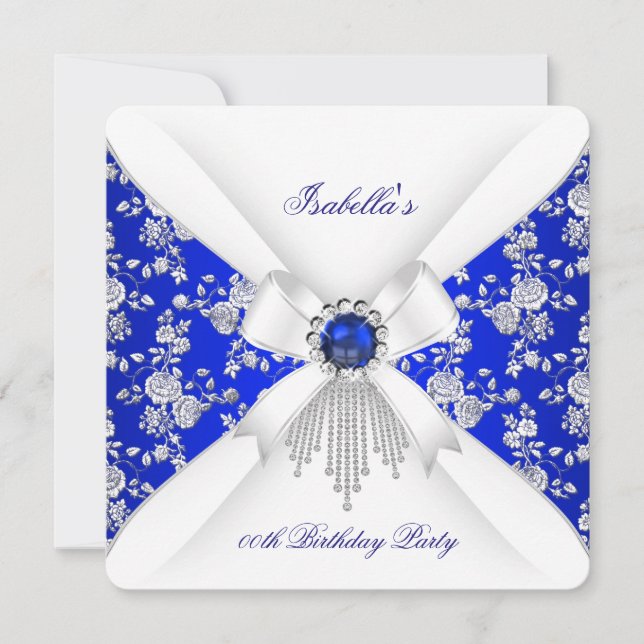 Royal Blue Vit ros Damask Pearl Birthday Inbjudningar (Framsida)