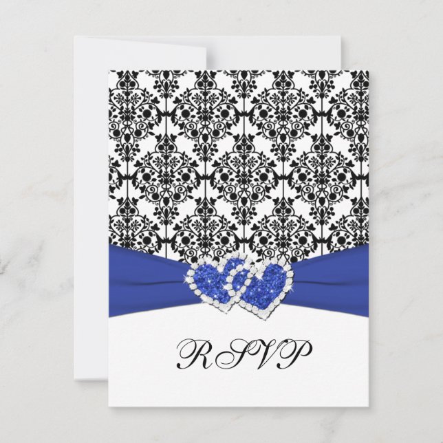 Royal Blue, Vit, Svart Damask & Hjärtan RSVP-kort OSA Kort (Framsida)