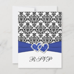 Royal Blue, Vit, Svart Damask & Hjärtan RSVP-kort OSA Kort