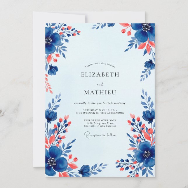 Royal Blue Vivacious Floral Wedding Inbjudningar (Framsida)