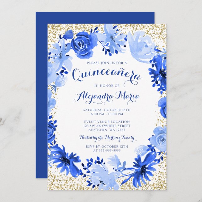 Royal Blue Watercolor Blommigt Guld Quinceanera Inbjudningar (Fram/baksida)
