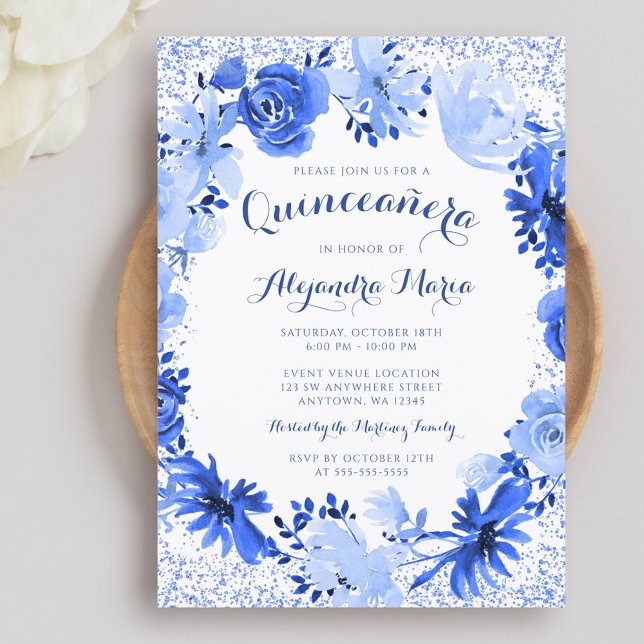 Royal Blue Watercolor Blommigt Quinceanera Inbjudningar (Skapare uppladdad)