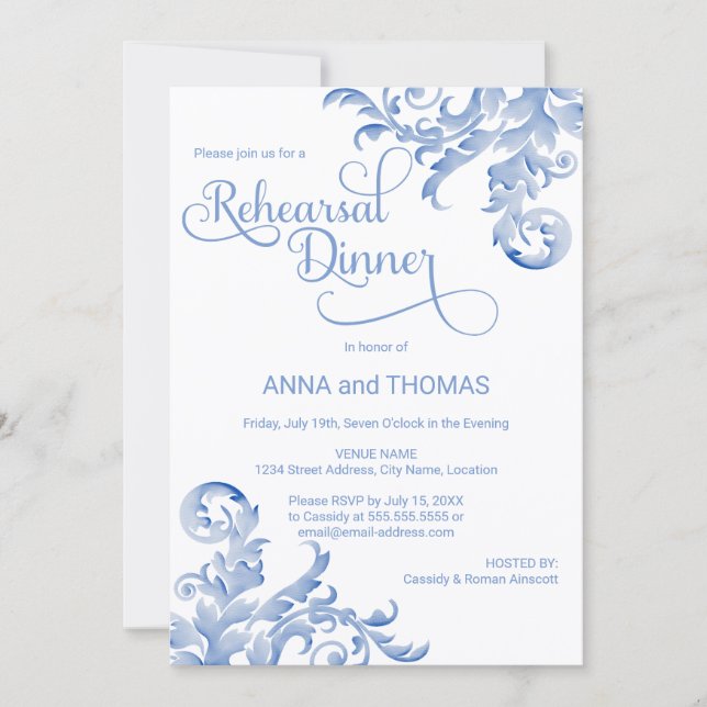 Royal Blue Watercolor Flourish Rehearsal Dinner Inbjudningar (Framsida)