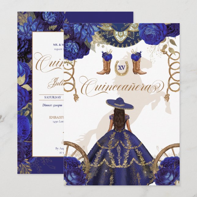 Royal Blue Western Charro 2-sidig Quinceanera Inbjudningar (Fram/baksida)