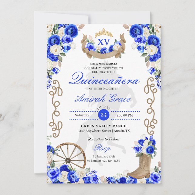 Royal Blue Western Cowgirl Quinceañera-inbjudan Inbjudningar (Framsida)