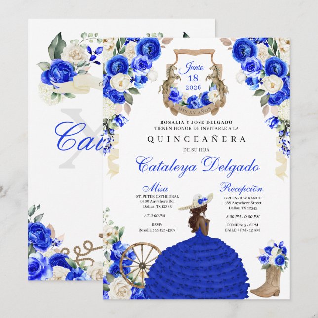Royal Blue Western Fairytale Princess Quinceañera Inbjudningar (Fram/baksida)