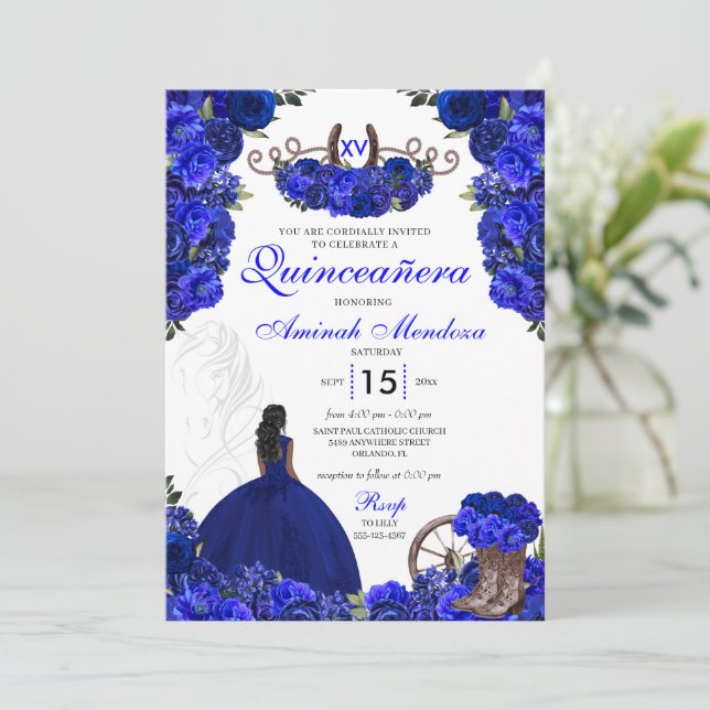 Royal Blue Western Princess Charro Quinceanera Inbjudningar (Stående Fram)