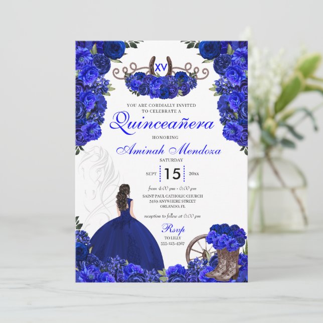 Royal Blue Western Princess Charro Quinceanera Inbjudningar (Stående Fram)