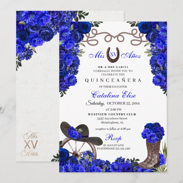 Royal Blue Western Ranchero Quinceanera Inbjudningar (Fram/baksida)