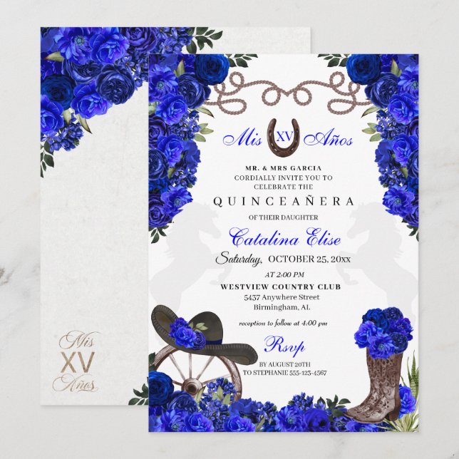 Royal Blue Western Ranchero Quinceanera Inbjudningar (Fram/baksida)