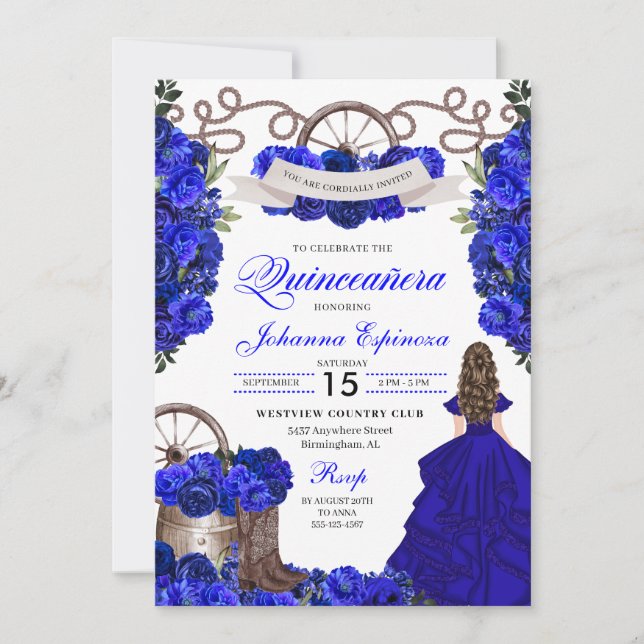 Royal Blue Western Ranchero Quinceanera Inbjudningar (Framsida)