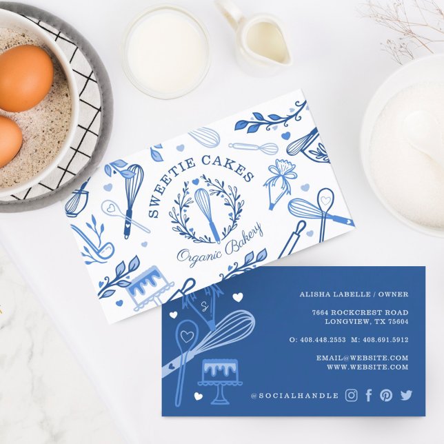 Royal Blue & White Baking & Cooking Utensil Bakery Visitkort (Skapare uppladdad)