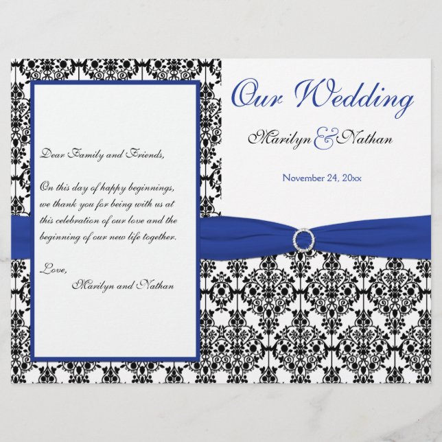Royal Blue, White, Black Damask Wedding Program (Framsida)