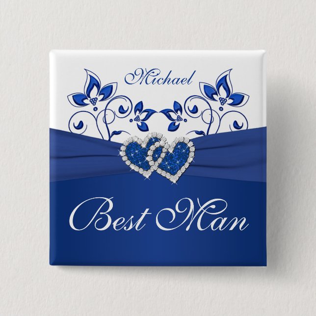Royal Blue, White Blommigt Best Man Pin Knapp (Framsida)
