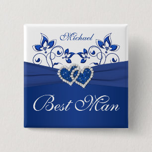 Royal Blue, White Blommigt Best Man Pin Knapp