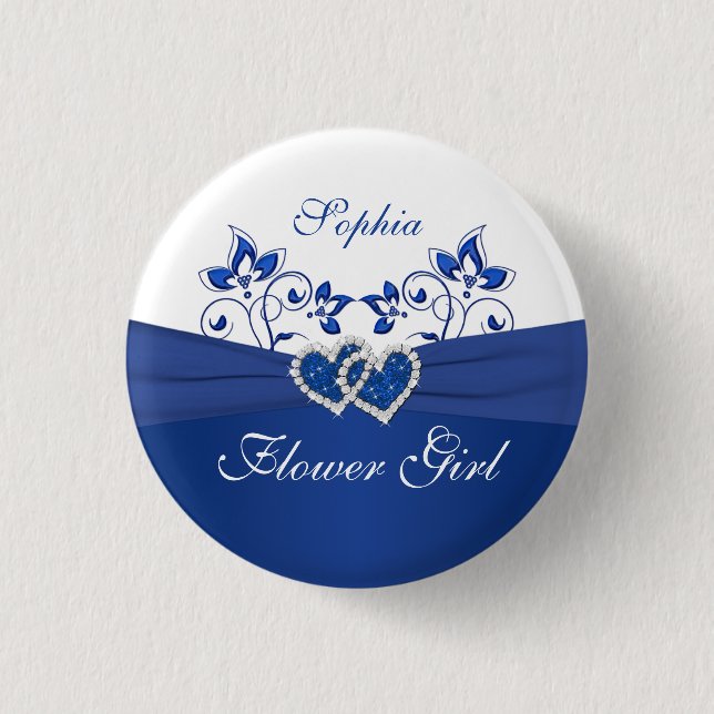 Royal Blue, White Blommigt Flower Girl Pin Knapp (Framsida)