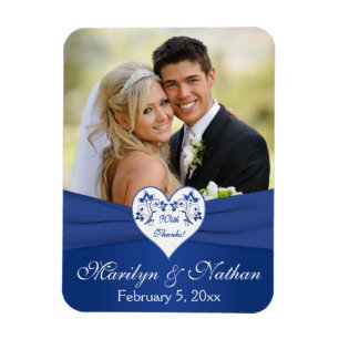 Royal Blue White Blommigt Heart Bröllop Photo Magn Magnet