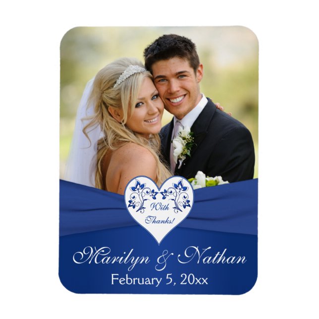 Royal Blue White Blommigt Heart Bröllop Photo Magn Magnet (Vertikal)