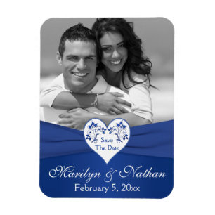 Royal Blue White Blommigt Heart Bröllop Photo Magn Magnet