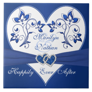 Royal Blue, White Blommigt Heart Bröllop Tile Kakelplatta
