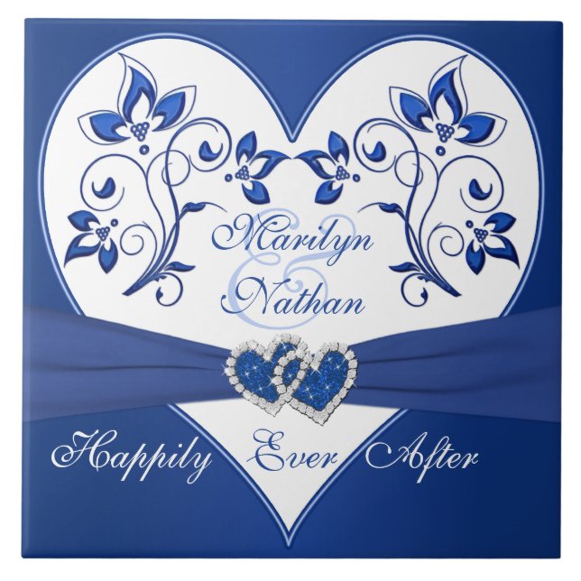 Royal Blue, White Blommigt Heart Bröllop Tile Kakelplatta (Framsidan)
