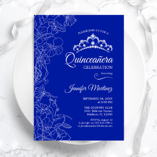 Royal Blue White Blommigt Quinceanera Party Inbjudningar