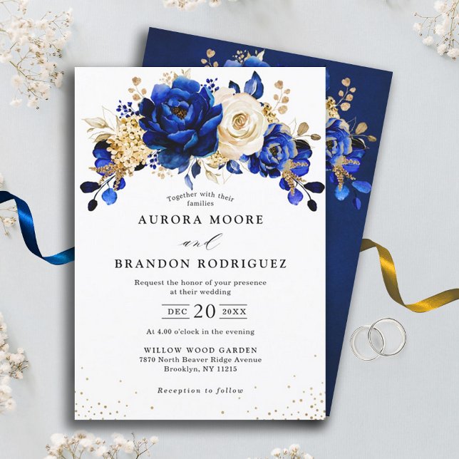 Royal Blue White Guld Metallic Blommigt Bröllop In Inbjudningar (Royal blue gold floral wedding invitation)
