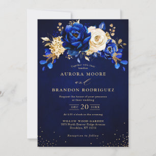 Royal Blue White Guld Metallic Blommigt Bröllop In Inbjudningar