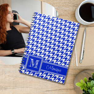 Royal Blue White Houndstooth   Modern Monogram Anteckningsbok