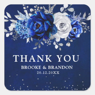 Royal Blue White Metallic Silver Blommigt Bröllop Fyrkantigt Klistermärke