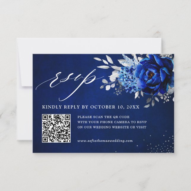 Royal Blue White Metallic Silver Blommigt Bröllop  OSA Kort (Framsida)