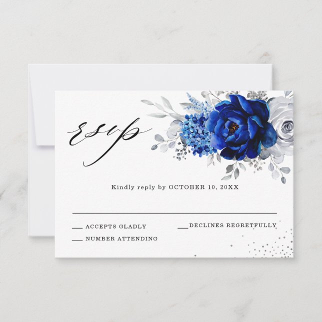 Royal Blue White Metallic Silver Blommigt Bröllop OSA Kort (Framsida)
