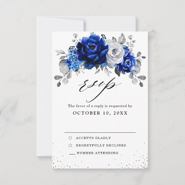 Royal Blue White Metallic Silver Blommigt Bröllop OSA Kort (Framsida)