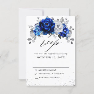 Royal Blue White Metallic Silver Blommigt Bröllop OSA Kort
