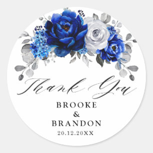 Royal Blue White Metallic Silver Blommigt Bröllop Runt Klistermärke