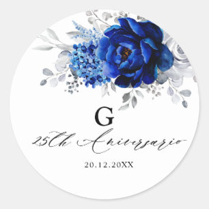 Royal Blue White Metallic Silver Blommigt Bröllop Runt Klistermärke