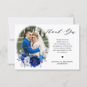 Royal Blue White Metallic Silver Blommigt Bröllop Tack Kort