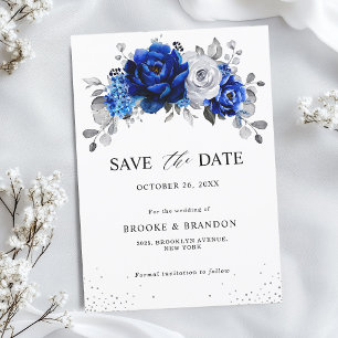 Royal Blue White Metallic Silver Blommigt Spara Datumet