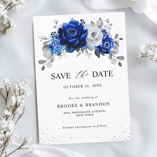 Royal Blue White Metallic Silver Blommigt Spara Datumet (Royal Blue White Metallic Silver Floral Save The Date card)