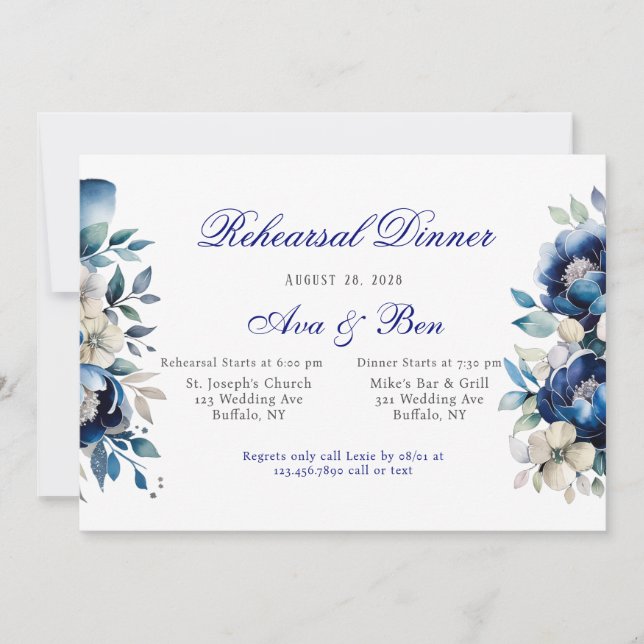 Royal Blue White Peony Silver Rehearsal Dinner Inbjudningar (Framsida)