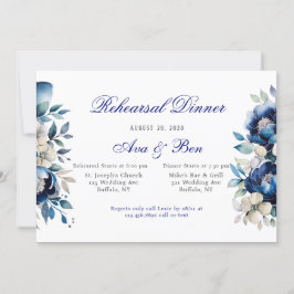 Royal Blue White Peony Silver Rehearsal Dinner Inbjudningar