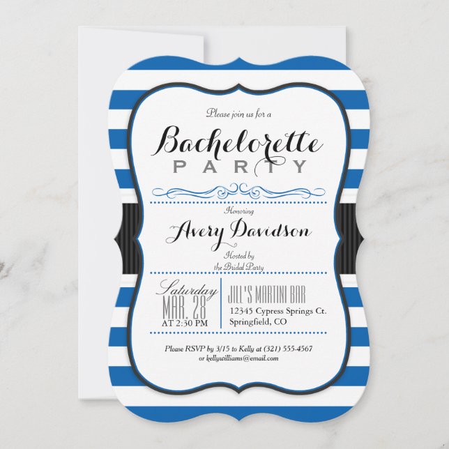 Royal Blue & White Rand Bachelorette Party Inbjudningar (Framsida)