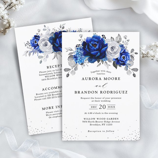 Royal Blue White Silver Alla i en Blommigt Bröllop Inbjudningar (Royal Blue White Silver Details on Back all in one  Wedding Invitation)