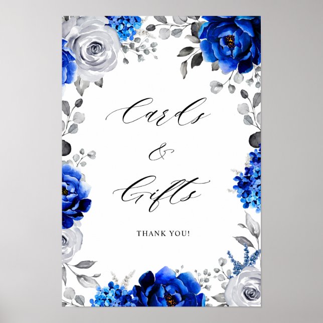 Royal Blue White Silver Blommigt Cards & Gifts Pos Poster (Framsidan)
