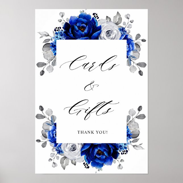 Royal Blue White Silver Blommigt Cards & presenter Poster (Framsidan)