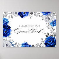 Royal Blue White Silver Blommigt Signera vår gästb